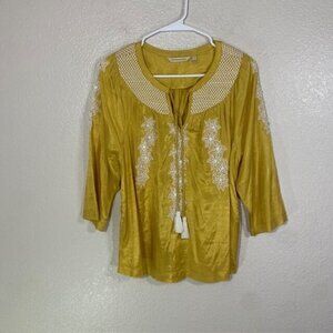 Soft Surroundings Top Womens Small Tie Neck Blouse Yellow White Embroidered BOHO